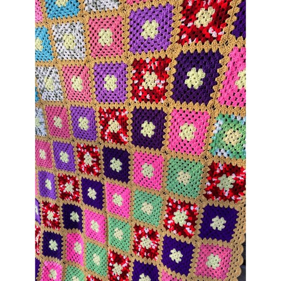 Vintage Colorful Granny Square Crochet Afghan 75x56" - Picture 9 of 16